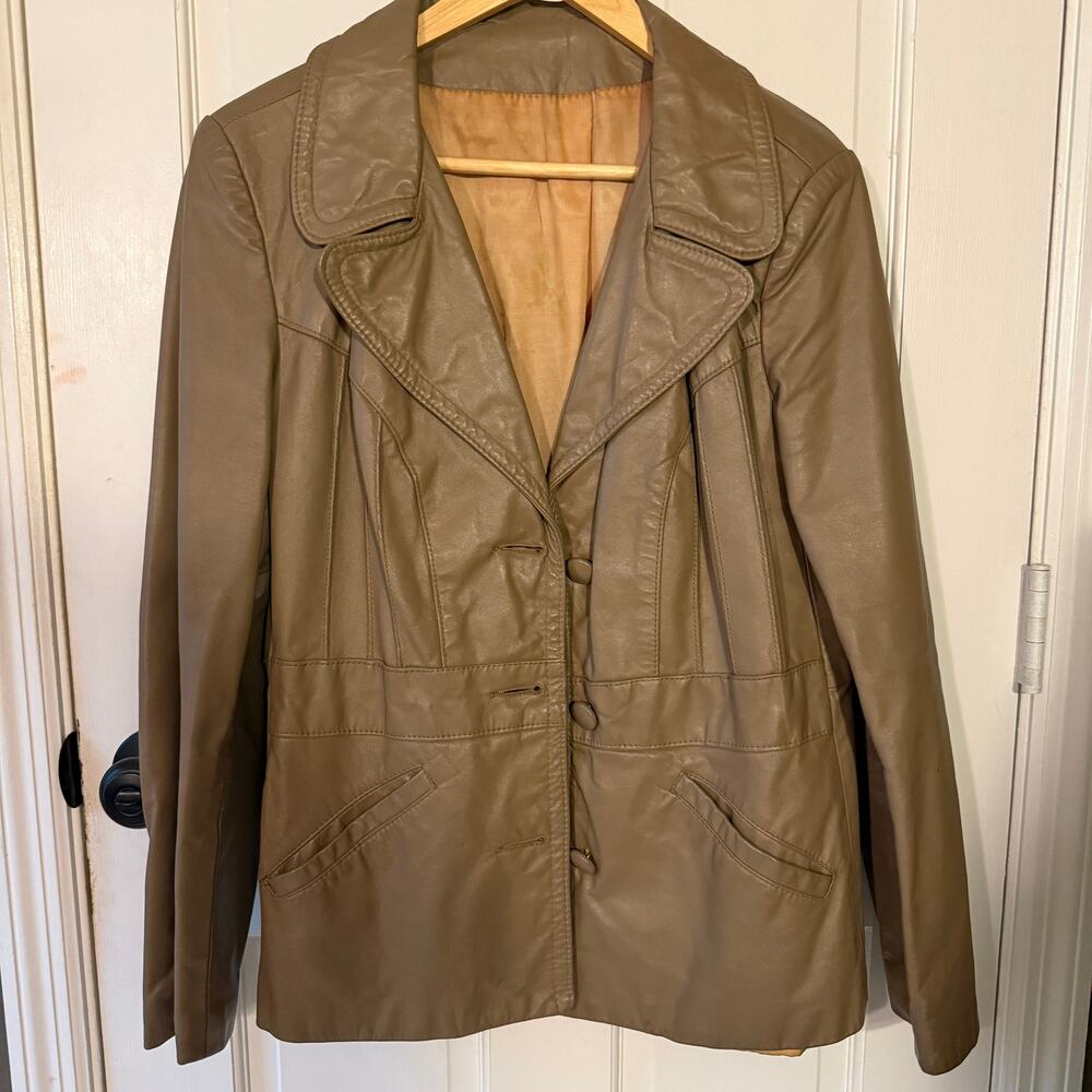 Vintage Gorgeous Leather Fashions Taupe Leather Jacket Classic Button Coat M